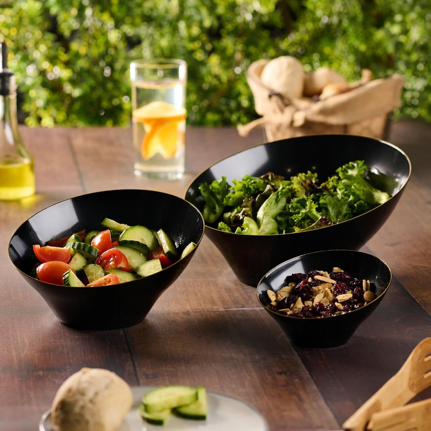PLASTICPRO Angled Plastic Bowls Disposable Large Plastic Black Serving Bowls with Gold Rim for Party for Appetizer Salads Pack of 4