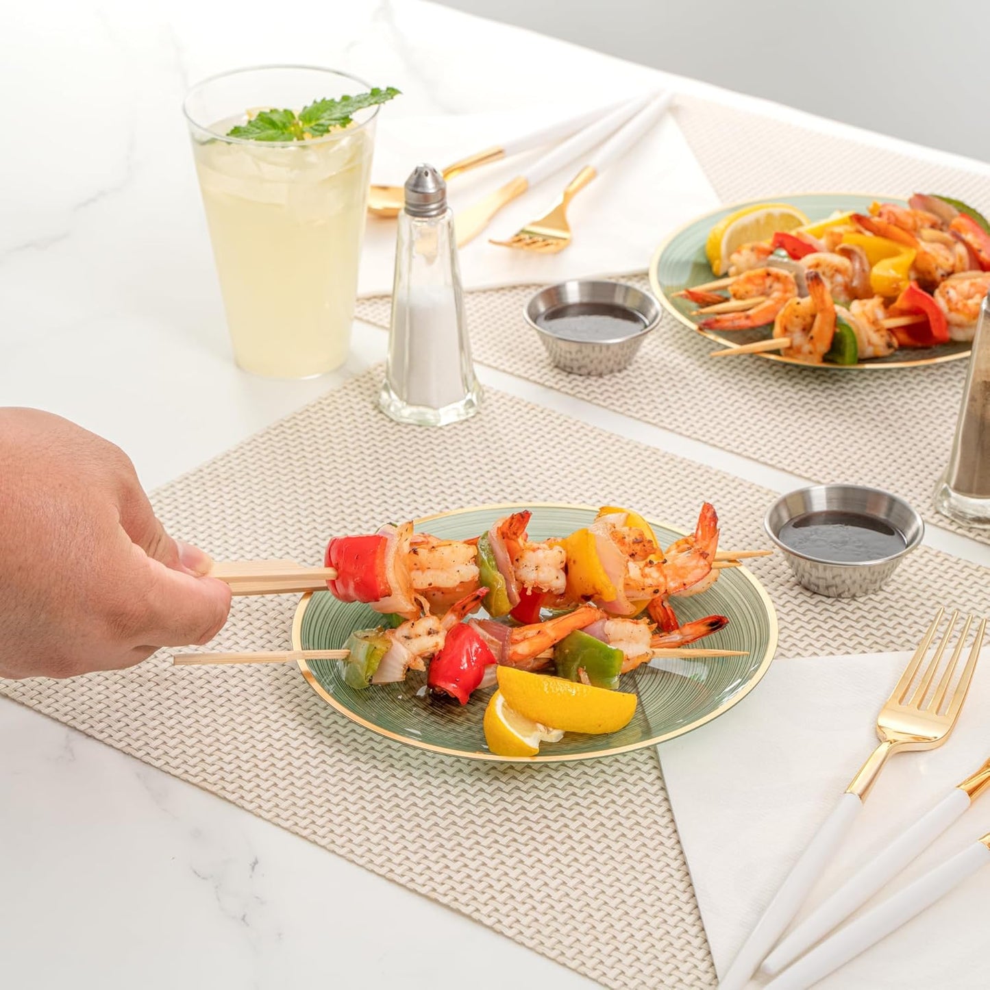 Restaurantware Plastic Plates 100 Pcs 7.25" Gold Rimmed Disposable Plates Heavy-Duty Green Translucent Rippled Plastic Dinner Servers for Party, Weddings, Salads, Desserts, and Appetizers