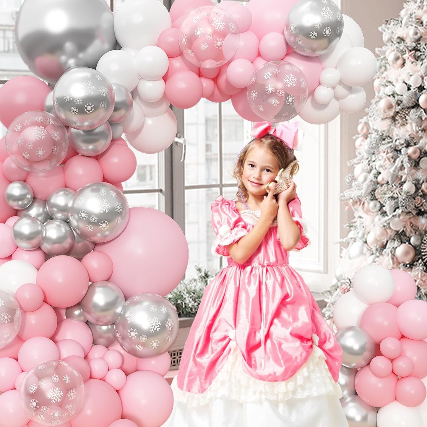 Amandir 153pcs Pink Silver Balloon Arch Garland Kit, Different Sizes 18 12 10 5 inch Pink White Latex Metallic Confetti Snowflake Balloons for Winter Wonderland Princess Baby Shower Party Decorations