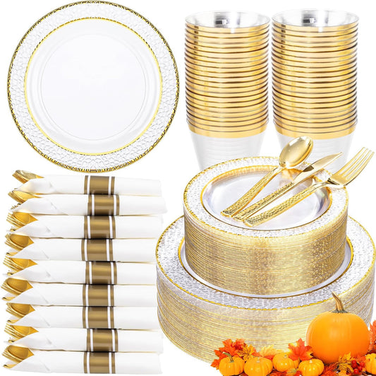 Ciaell 350PCS Clear Plastic Plates with Gold Trim for 50 Guests, Disposable Dinnerware Set for Wedding & Thanksgiving, Includes 100 Plastic Plates, 50 Pre Rolled Napkins with Gold Silverware, 50 Cups