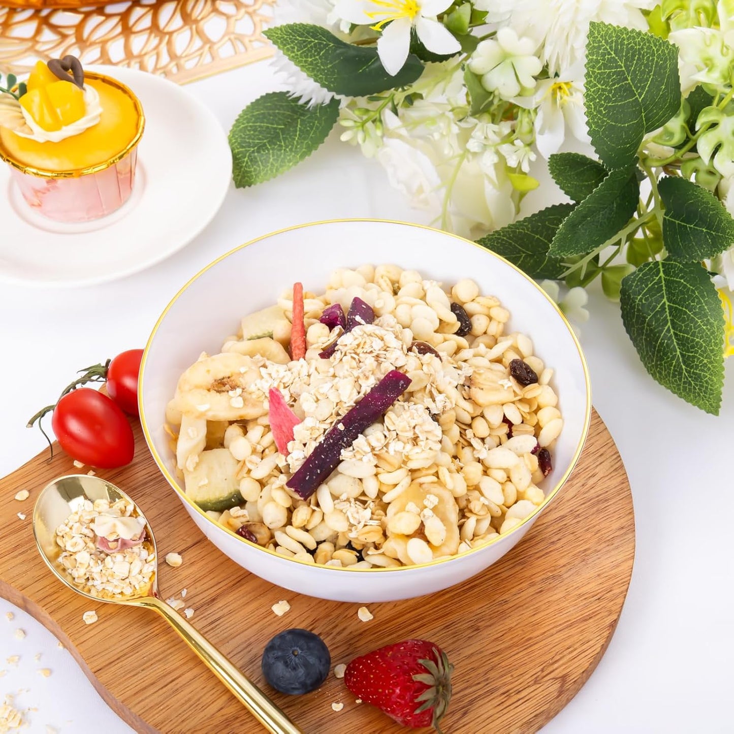 I00000 30 Pack White Plastic Bowls with Gold Rim,16 oz Disposable Soup Bowls,Premium Heavy Plastic Serving Bowls Ideal for Thanksgiving Party