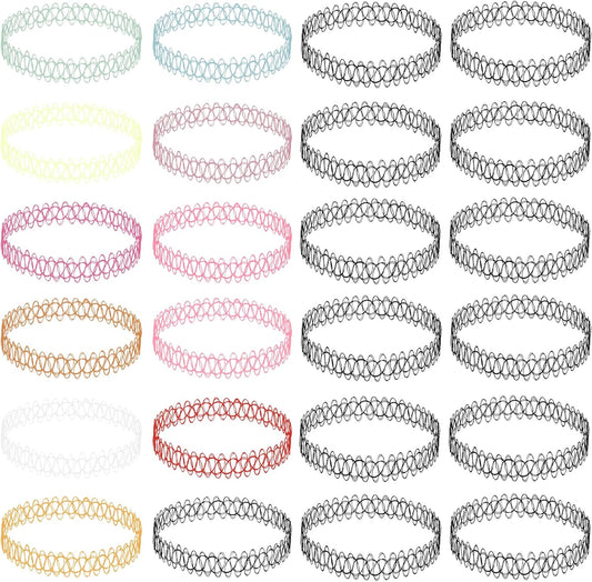 BodyJ4You 24PC Tattoo Choker Necklace - 90s Choker Necklaces Y2K Fashion Trendy Vintage - Daisy Flower Charm Colorful Rainbow Black Goth Pendant - Stretchy Elastic Necklace Summer Gift Set