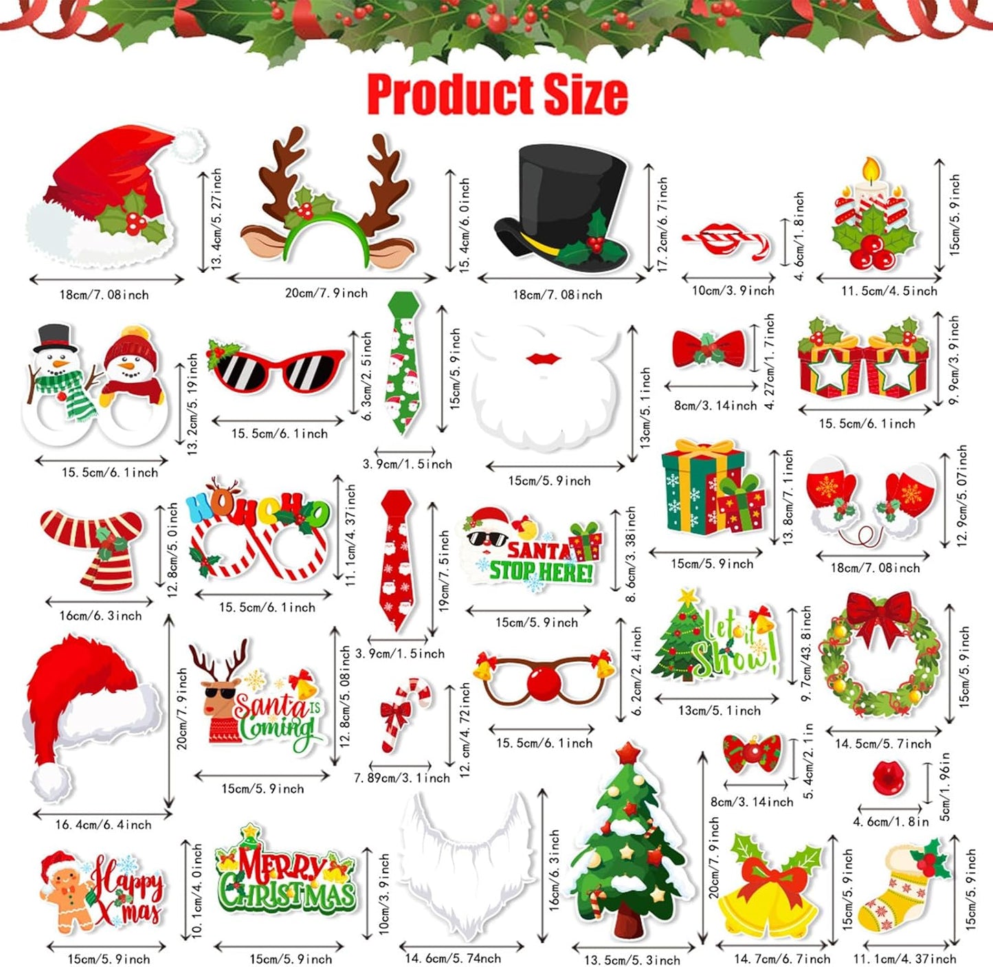 32 PCS Christmas Photo Props with Inflatable Selfie Photo Booth Frame - Funny Christmas Themed Photo Booth Selfie Frame Props for Adults Kids Red and Green Christmas Party Supplies Decorations