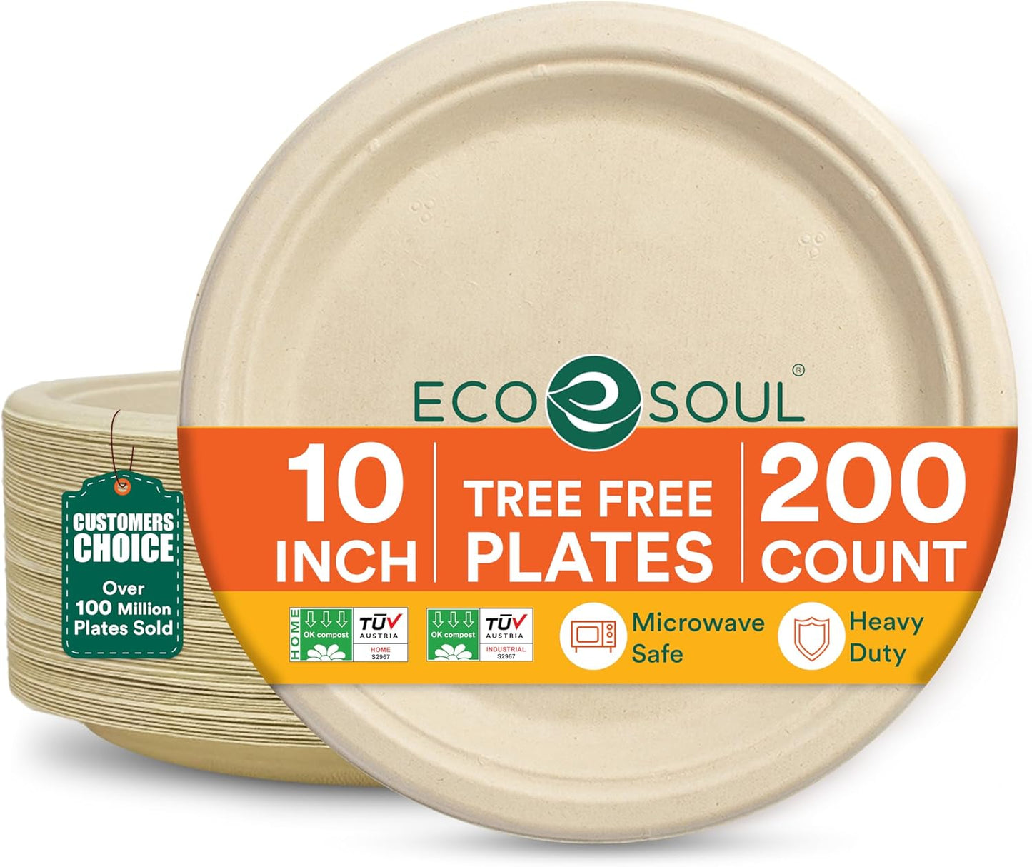 ECO SOUL 100% Compostable 10 Inch Paper Plates 200 [2x100 Pc] Disposable Party Plates I Heavy Duty Eco-Friendly Sturdy Dinner, Wedding, Event Plates I Biodegradable Unbleached Sugarcane Eco Plates