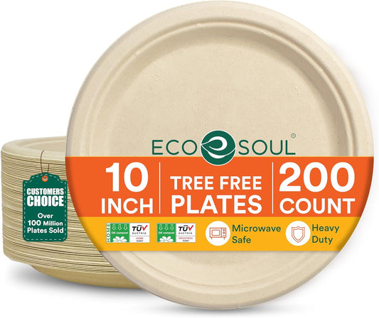 ECO SOUL 100% Compostable 10 Inch Paper Plates 200 [2x100 Pc] Disposable Party Plates I Heavy Duty Eco-Friendly Sturdy Dinner, Wedding, Event Plates I Biodegradable Unbleached Sugarcane Eco Plates