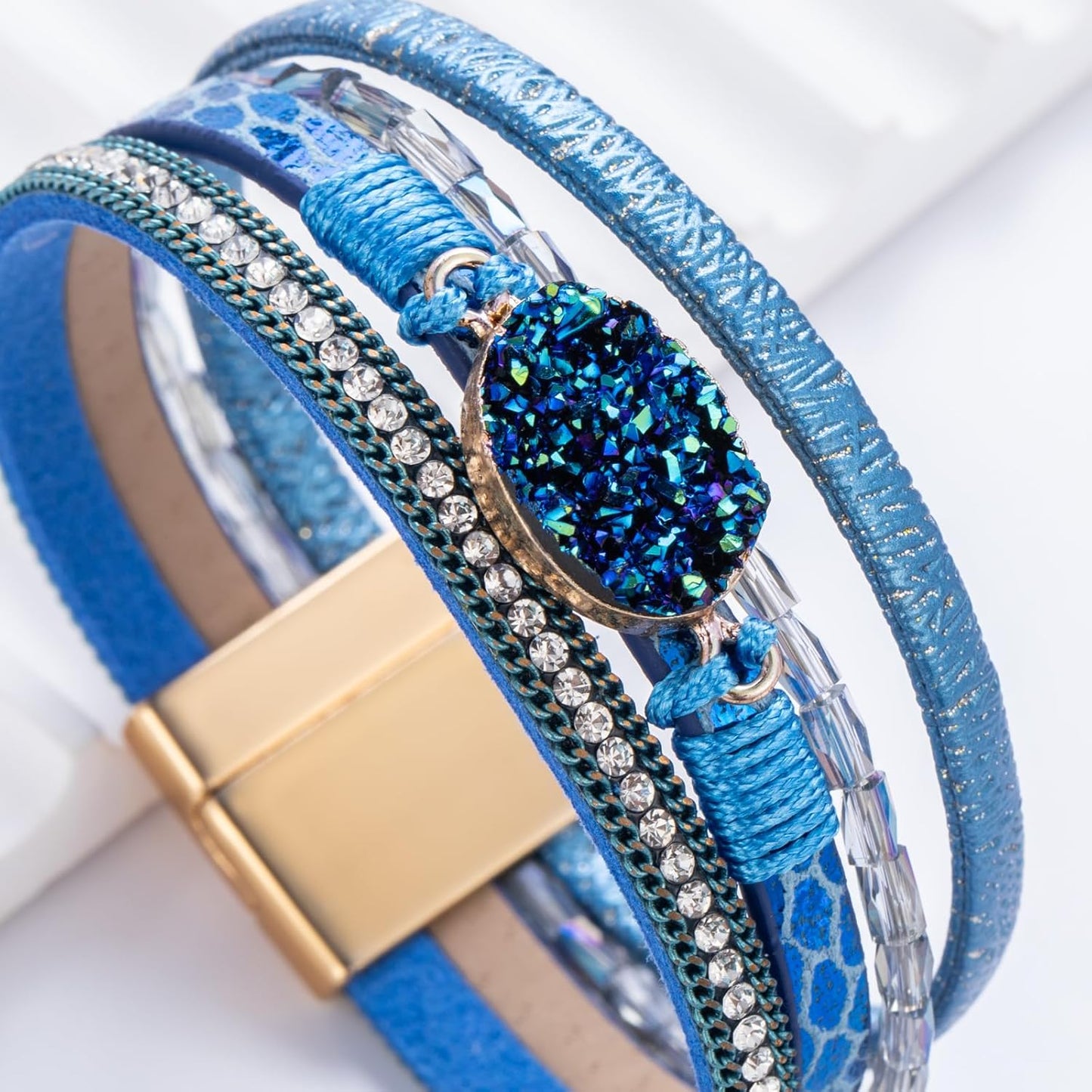 FANCY SHINY Leather Wrap Bracelet Boho Cuff Bangle Bracelets Crystal Bead Bracelet with Magnetic Clasp Jewelry Gifts for Women