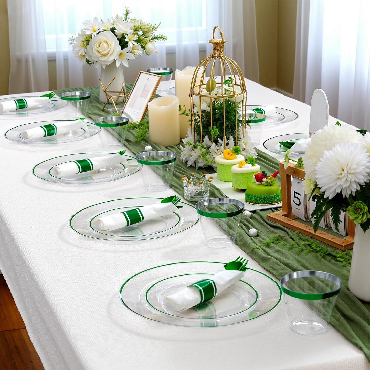 SUT 175 Pcs Green and Clear Plastic Dinnerware Set for 25 Guests, Include: 25 Dinner Plates, 25 Dessert Plates, 25 Pre Rolled Napkins With Silverware, 25 Cups, Disposable Plates for Party, Christmas