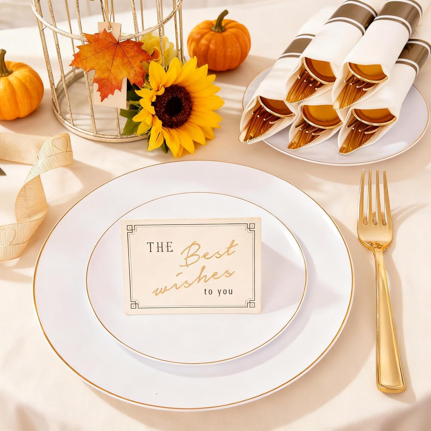 KIRE 350 PCS White and Gold Plates Disposable - Elegant Dinnerware Set of 50 Guest, White Plastic Plates With Gold Rim, Pre Rolled Napkins with Silverware & Cups for Thanksgiving Party/Wedding