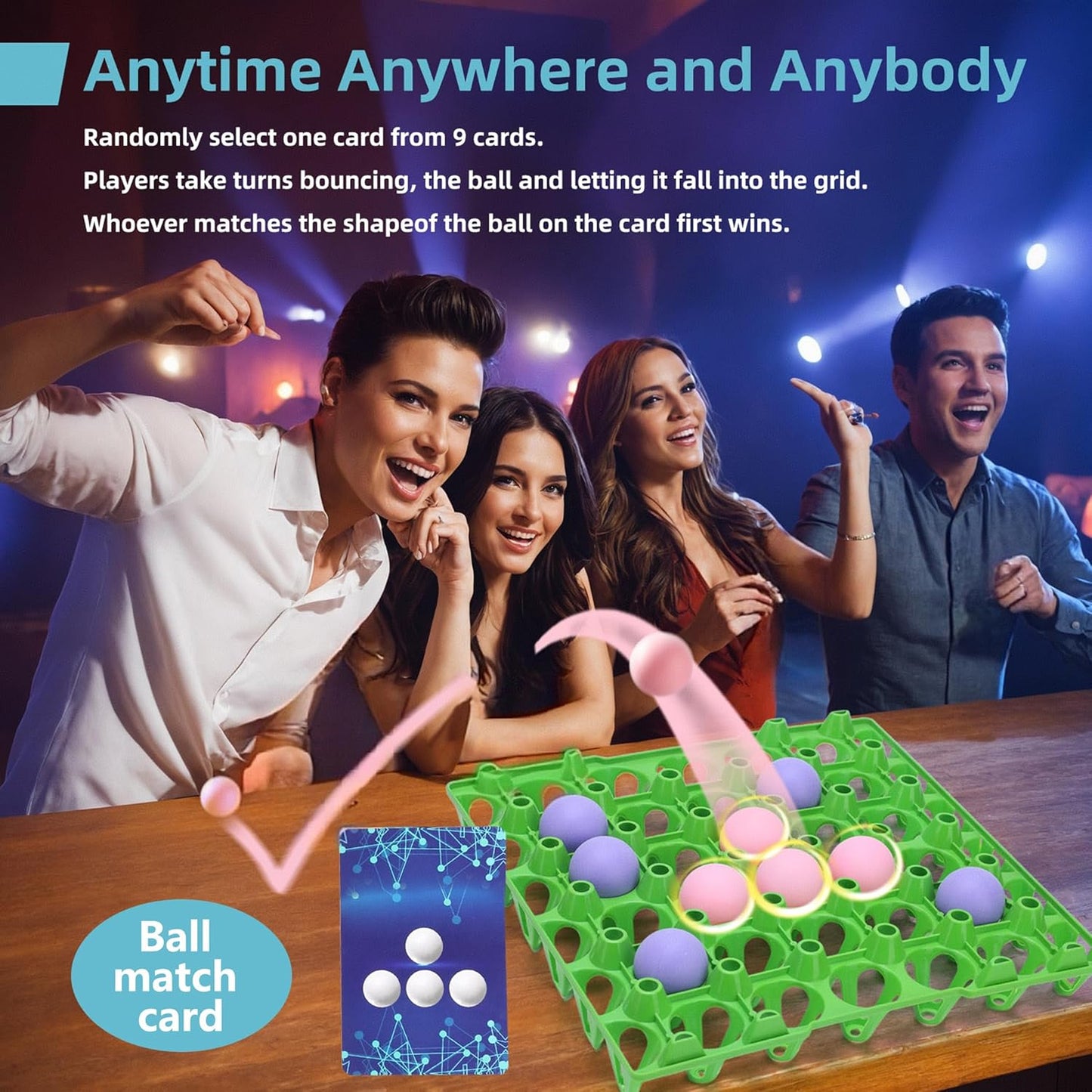 Bounce Ball Fun Party Game - 4 in a Row Games with 60 Balls & Cards - Indoor Outdoor Carnival Party Toys for Kids, Adults, Teens, Families, Game Night. 2-12 Players