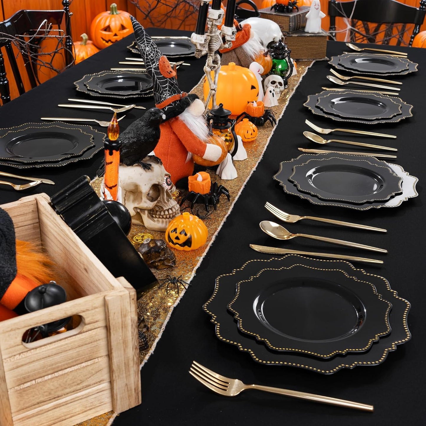 COLOSUS Black Plastic Plates Set,Heavy Duty Black Disposable Plates for 50 guests,Include 50PCS 10.5inch Dinner Plate and 50PCS 8.25 inch Dessert Plate for Halloween Party/Wedding/New Year/Birthday