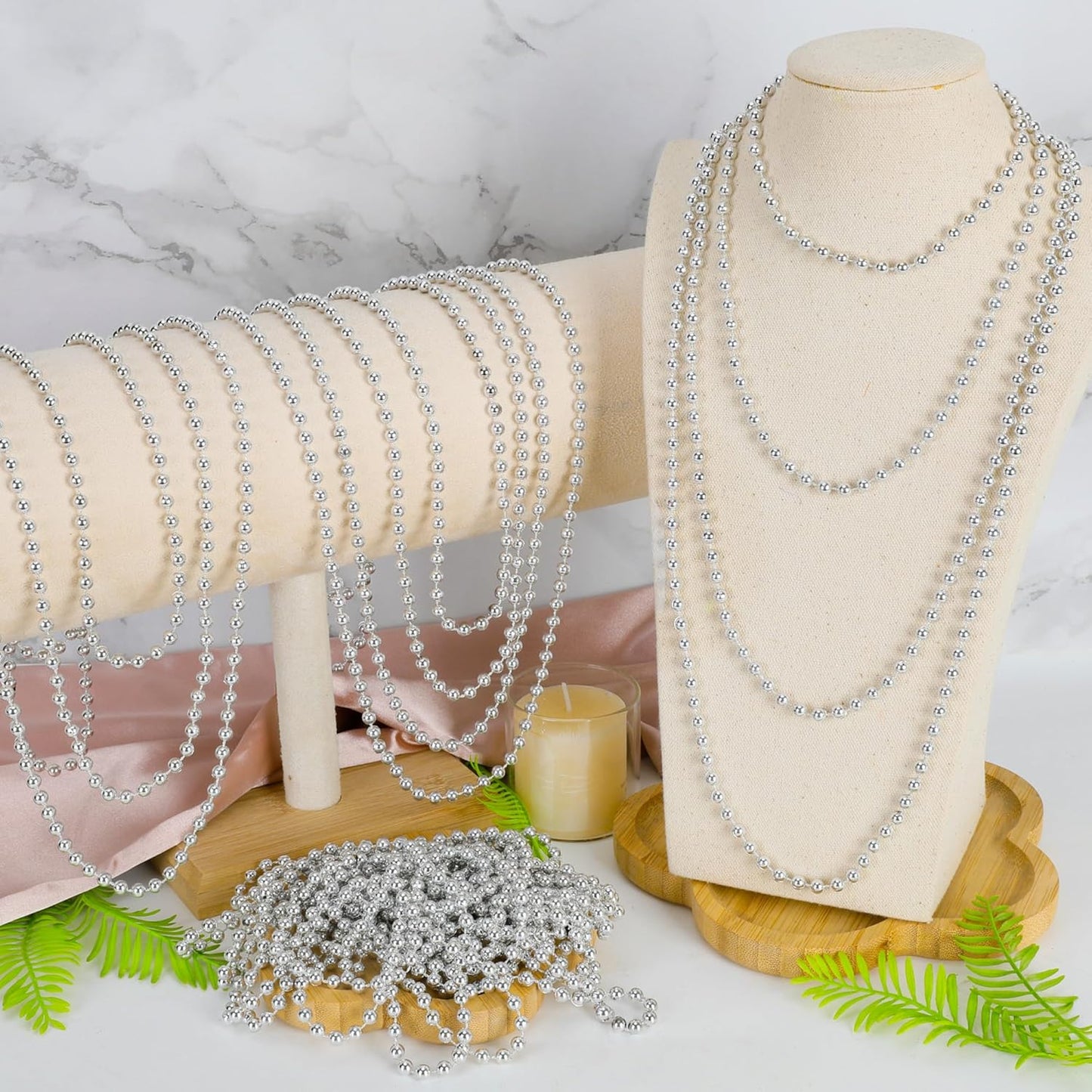 12 PCS Silver Mardi Gras Beads, 33" Christmas Beads Necklaces, Festival Parade Throws Accessory Sets, Bulk Carnival Round Costume for Independence Day Party Favors Christmas Decorations