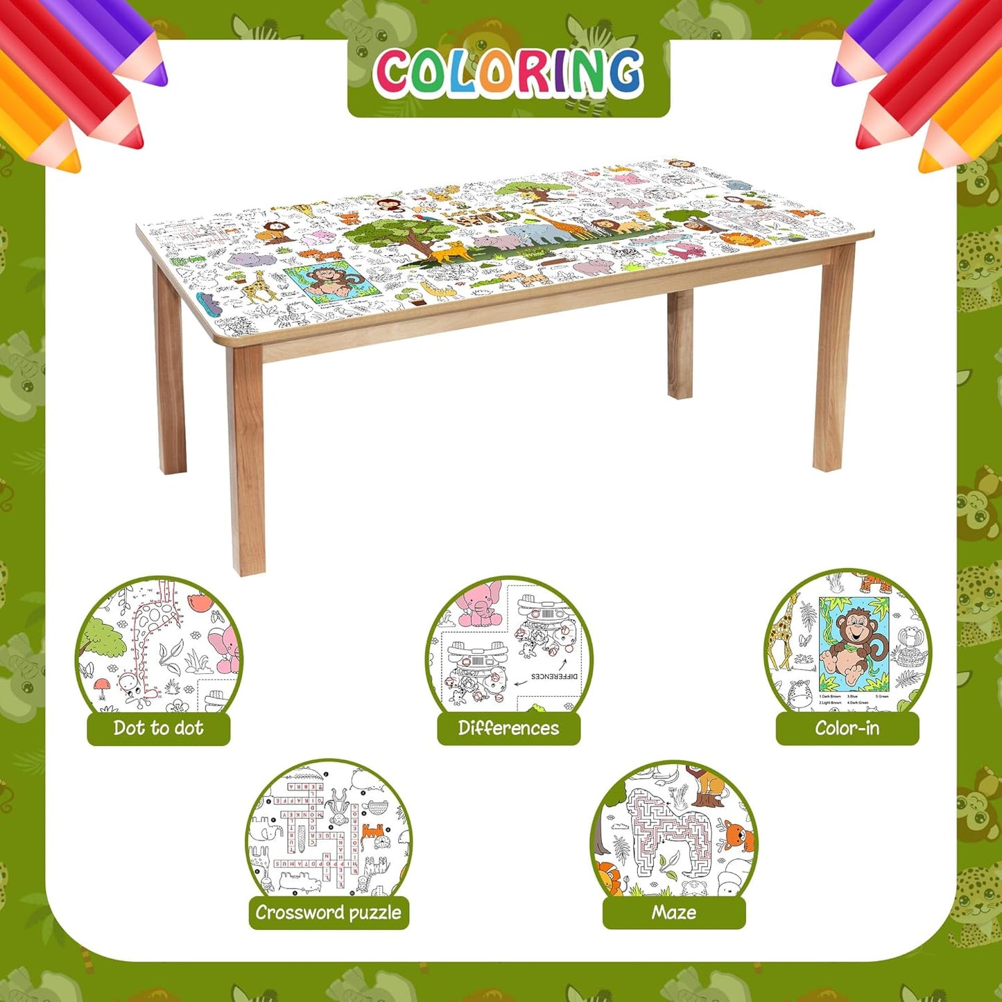 Wild Coloring Tablecloth for Kids, Jumbo 30x72 Inch Poster with Jungle Animals, Leaves, Safari Scenes, Perfect for Wild Party Games, Jungle Decorations, Classroom Fun, Celebration Supplies