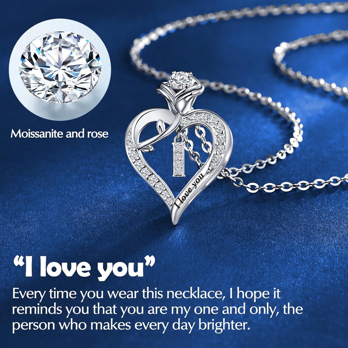 Rose Heart Pendant Necklace Gifts for Wife, Engraved 'I love you' Gift for Wife Girlfriend, Anniversary Birthday Eternity Jewelry Present for Women, Moissanite Necklace Gift for Her