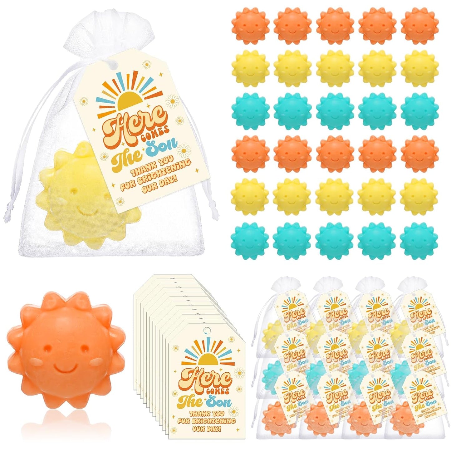 Loopeer 36 Sets Sun Soaps for Baby Shower Party Favors Mini Handmade Sunshine Soap Gifts with Thank You Card for Guest Gender Reveal Party Decor (Yellow, Blue, Orange)