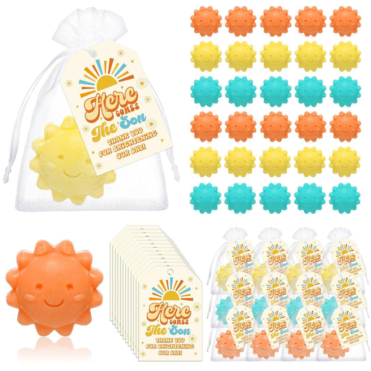 Loopeer 36 Sets Sun Soaps for Baby Shower Party Favors Mini Handmade Sunshine Soap Gifts with Thank You Card for Guest Gender Reveal Party Decor (Yellow, Blue, Orange)