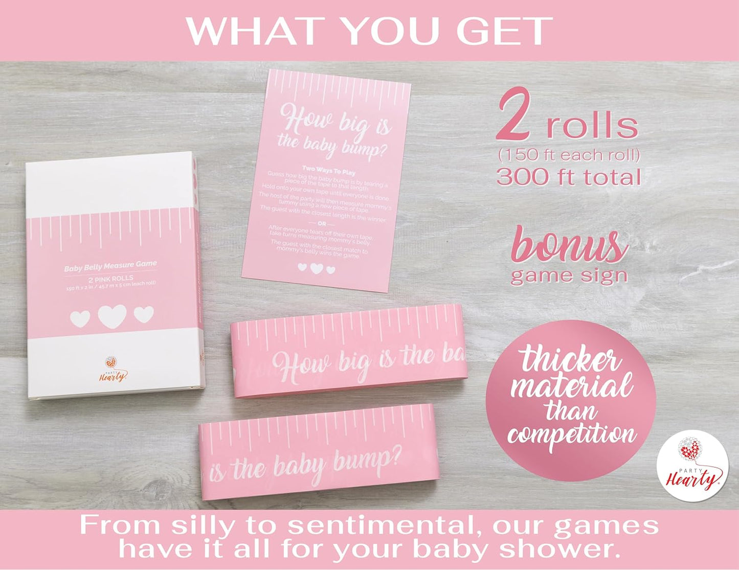 Party Hearty Funny Baby Shower Games for Girl Activities, 2 Rolls, 2 inches x 150 feet, Pink Tummy Measure, Fun & Easy Idea