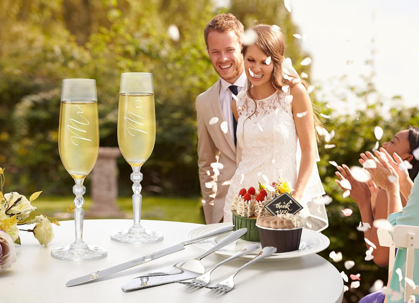 Wedding Cake Knife and Server Set with Forks, Classical Style Crystal Champagne Flutes Toasting Glasses for Bride and Groom, Wedding Gifts for Couples, Engagement and Bridal Shower Gifts