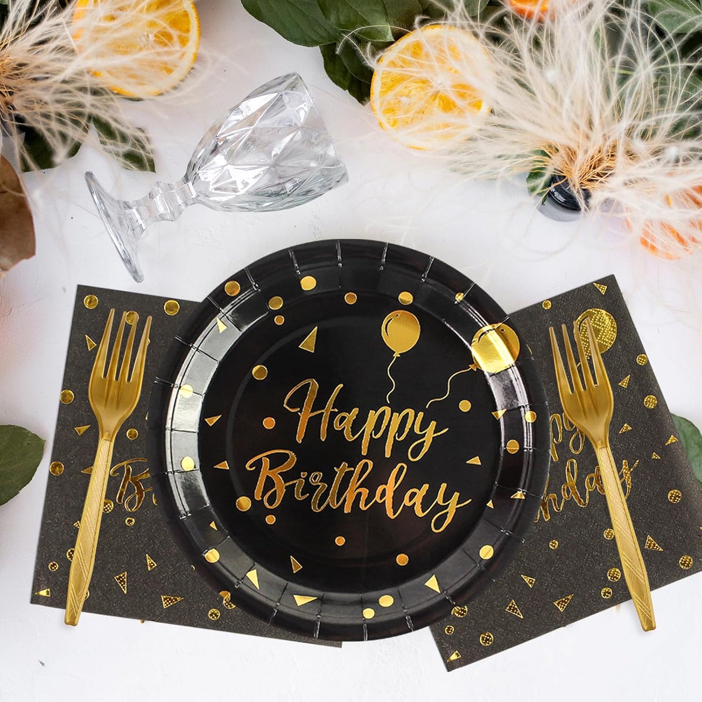 48PCS Happy Birthday Plates and Napkins Party Supplies, Black and Gold Disposable Paper Plates and Napkins with Forks Tableware Set for Birthday Party Decorations 16 Guests (Birthday Black)