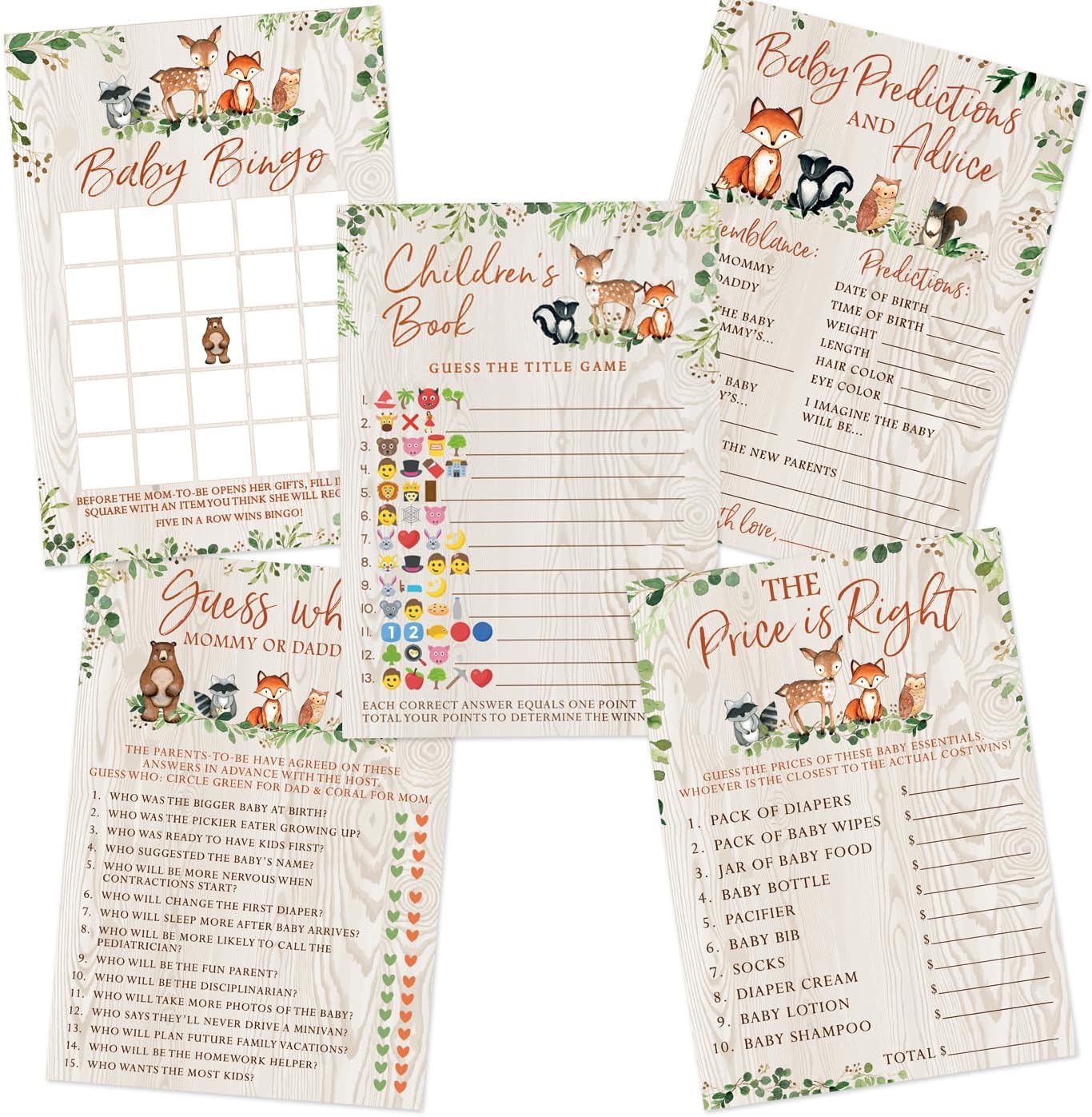 Printed Party Woodland Baby Shower Game Set – 5 Fun Games & Activities for Boy or Girl, Woodland Forest Animals Theme, 50 Guests