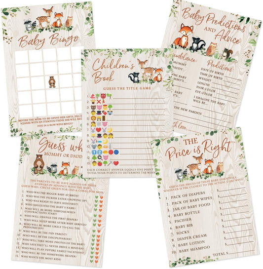 Printed Party Woodland Baby Shower Game Set – 5 Fun Games & Activities for Boy or Girl, Woodland Forest Animals Theme, 50 Guests