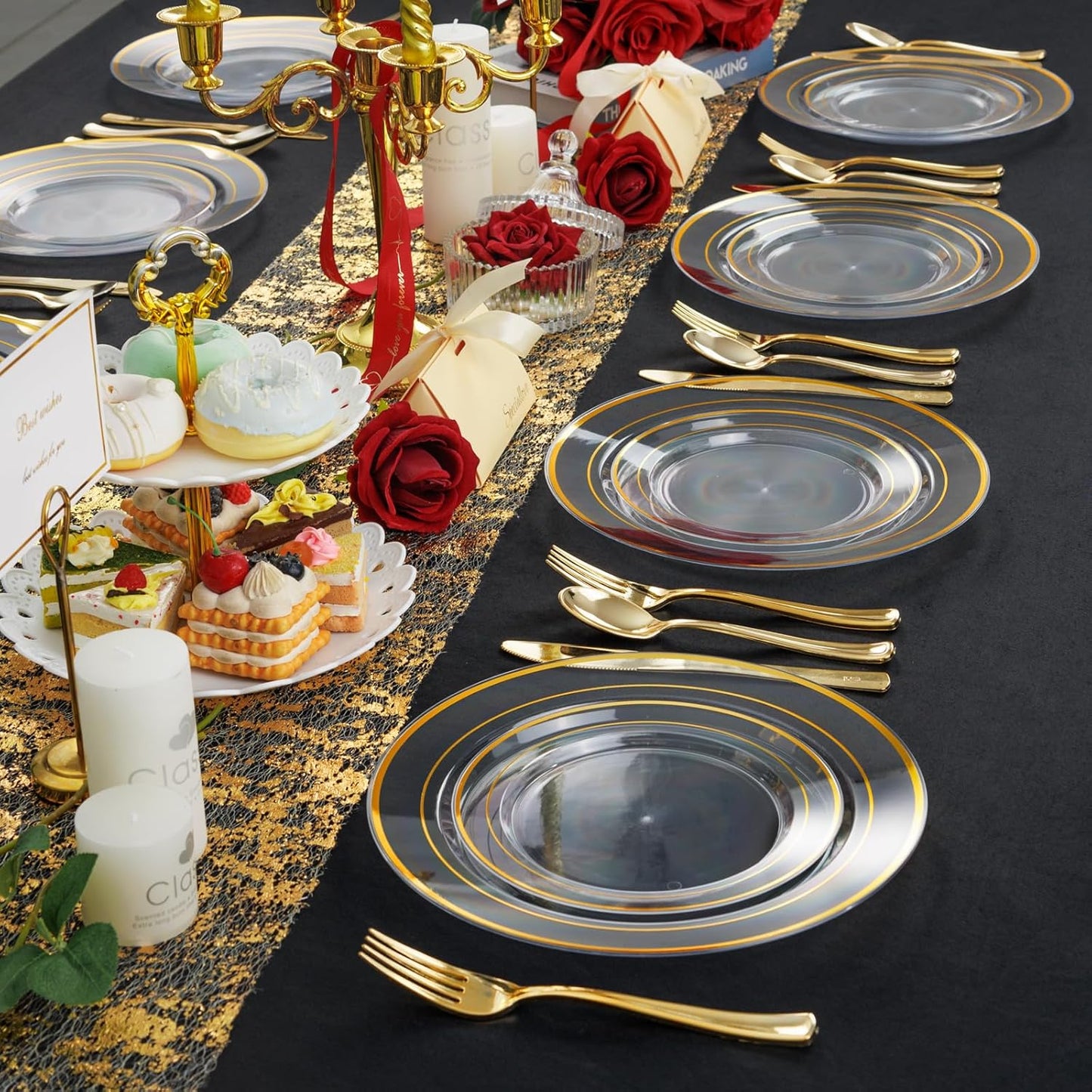 I00000 600Pcs Clear Gold Plastic Plates for 100 Guests, Plastic Dinnerware Set of 100 Gold Disposable Plates, 100 Dessert Plates, 200 Forks, 100 Knives and 100 Spoons Perfect for Party & Wedding