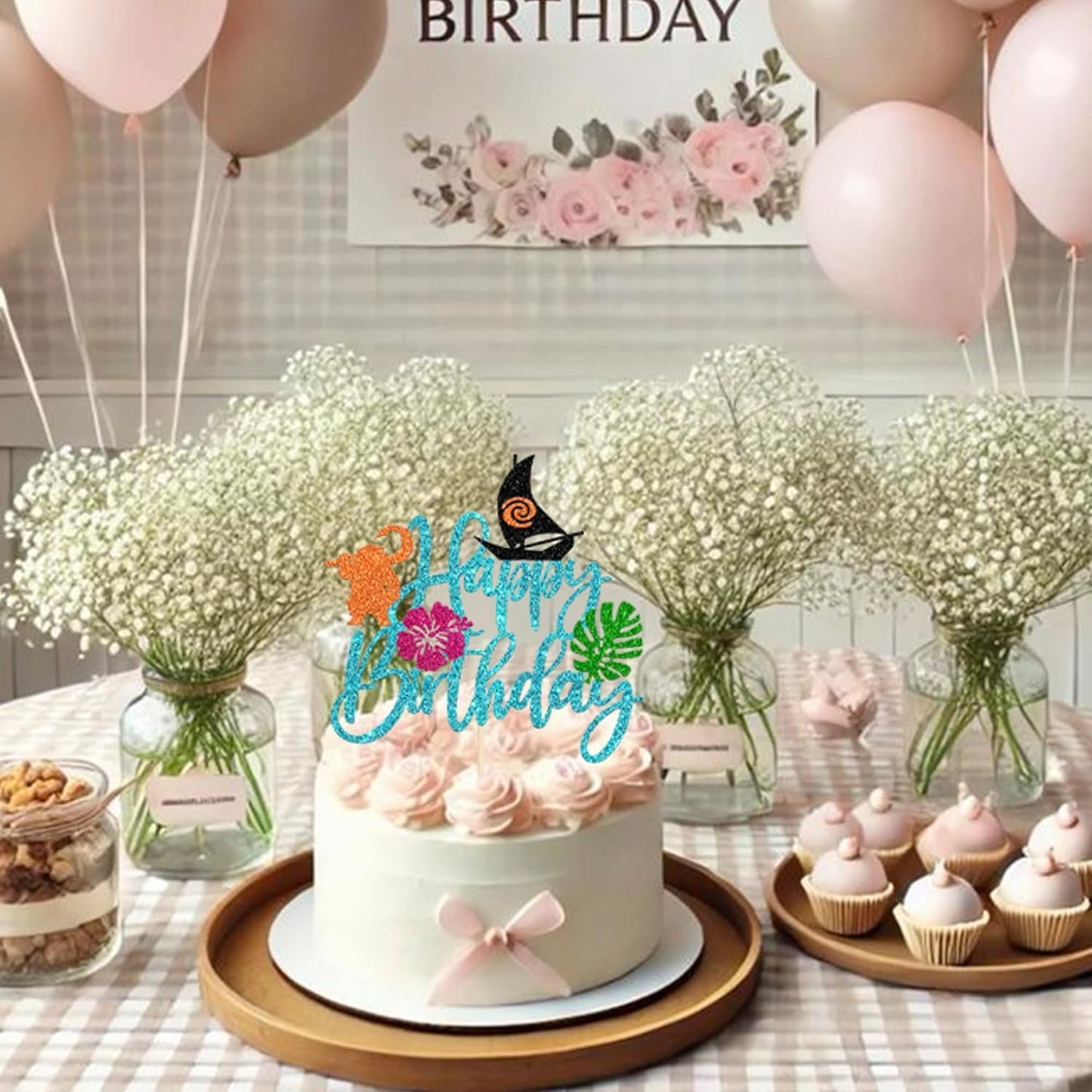 1 Pack Moana Cake Toppers Glitter Palm Leaf Moana Cake Picks The Sea is Calling Hawaiian Tropical Cupcake Decorations for Luau Summer Baby Shower Birthday Party Supplies Blue