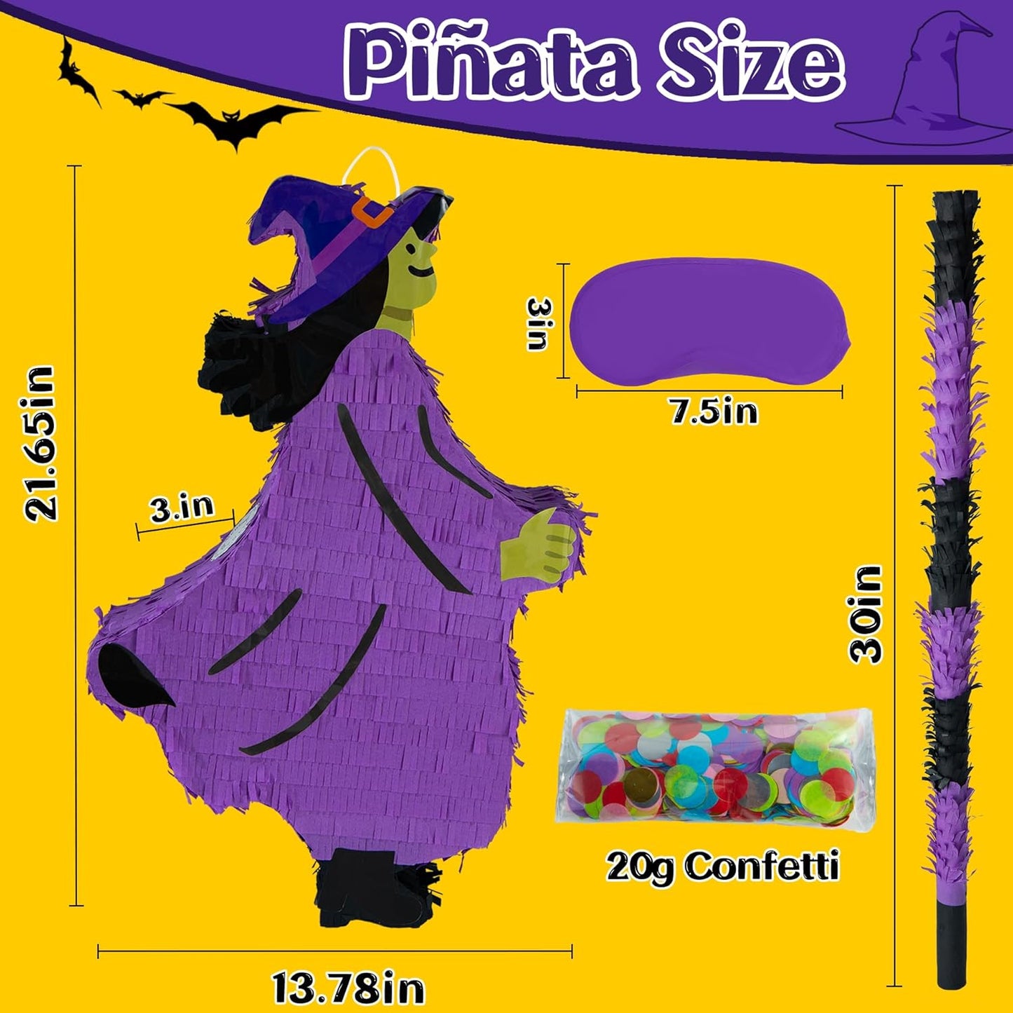 PCFING 21.6 Inch Halloween Witch Piñata with 30 Inch Piñata Stick Blindfold Confetti for Boy Girl Adults Halloween Wicked Scary Party Decorations，Candy Game，Trick Treat Party