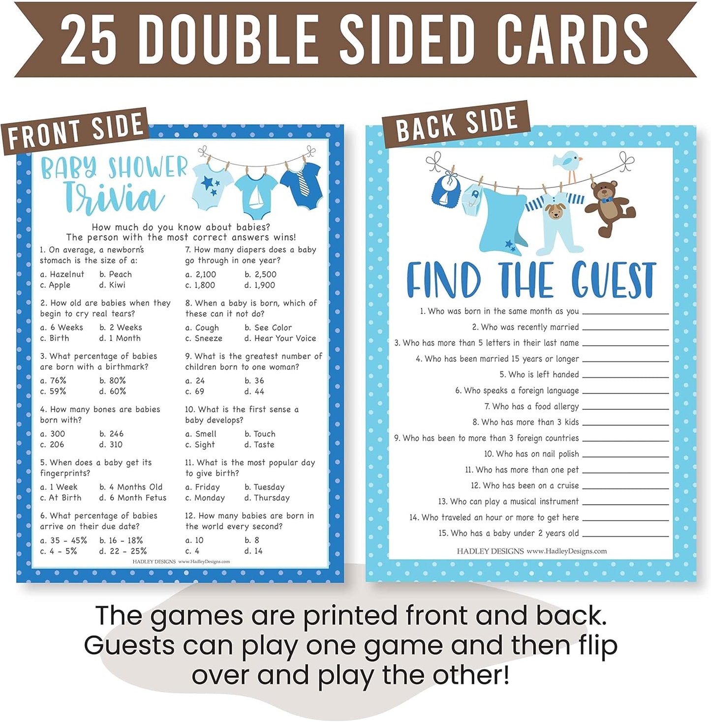 Hadley Designs Hilarious Baby Shower Games for Boys 25 Double-Sided Cards for 25 Guests, 2 Games, Baby Trivia, Find The Guest, USA-Made (Blue)