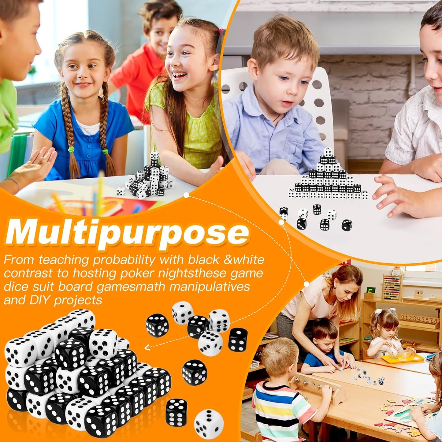 50 Pieces White Black Dice Set (16mm 6-Sided) - 25 White Dice and 25 Black Dice with Bold Pips for Board Games, Math Learning, Educational Activities, Family Game Nights