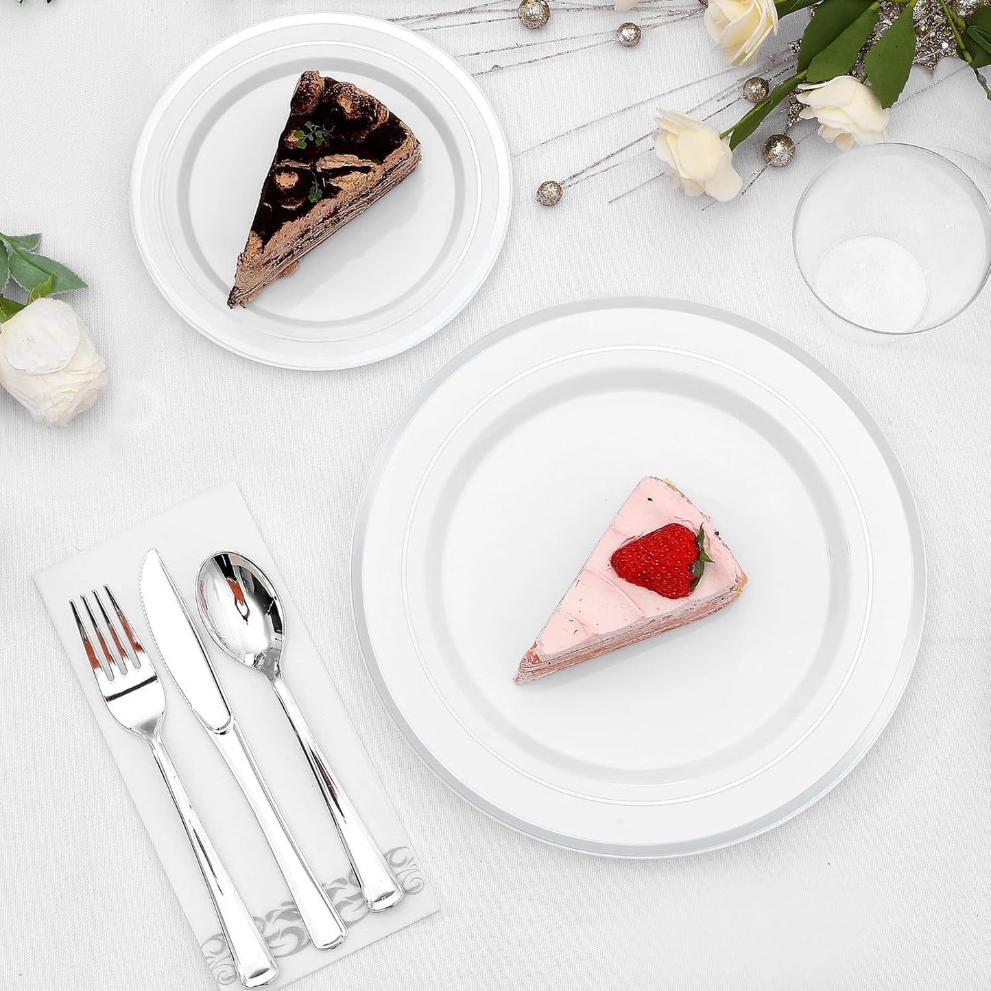 350-Piece Silver Rim Plastic Dinnerware Set for 50 Guests, Elegant Disposable Dinnerware for Party, Wedding. Includes Dinner Plates, Dessert Plates, Silverware, Napkins, Cups