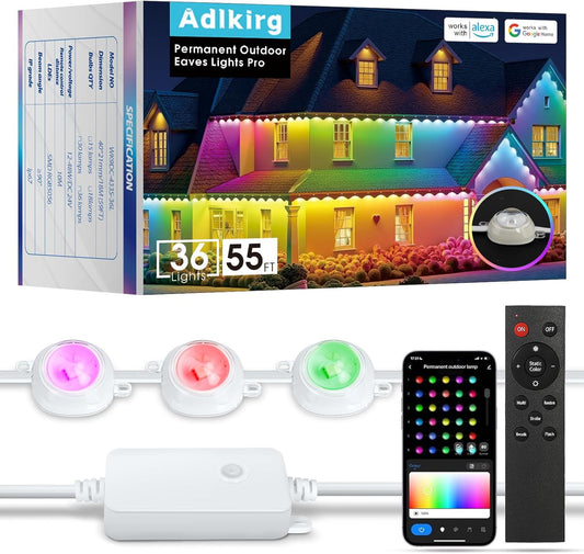 Permanent Outdoor Lights, Smart RGB+IC Lights Outdoor (Multi Scene Modes), 55ft with 36 LED Lights, IP67 Waterproof for House Decor, Work with Alexa, Google Assistant, Quick Installation
