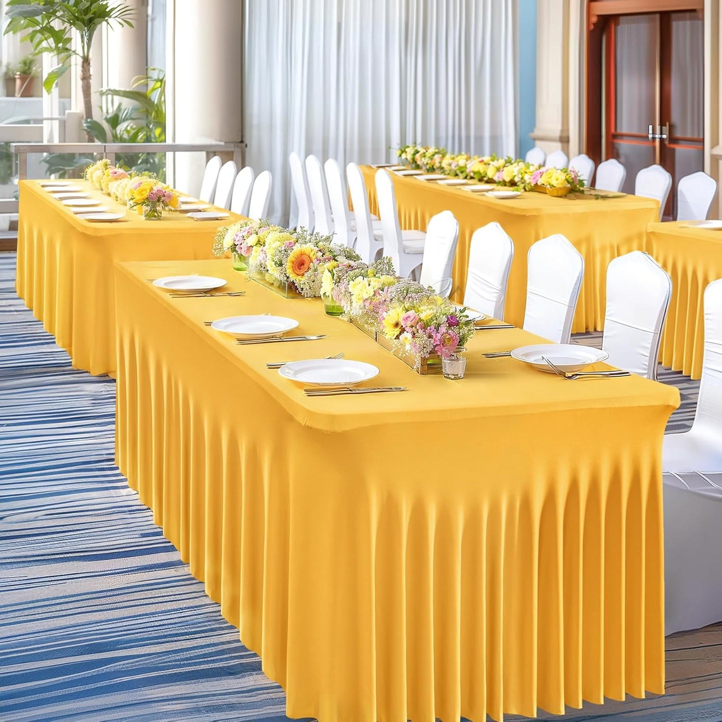 PARTISKY Golden Spandex Tablecloth for 6ft Rectangle Tables, Stretchable Table Cover Skirt for Folding Tables Weddings Parties Banquets Events Trade Shows and Dessert Table