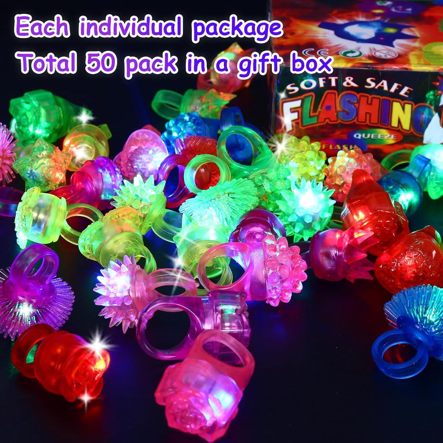 50 Pack Light Up Rings, Glow in The Dark Party Favors, 8 Style Flashing LED Jelly Finger Rings for Concert, Goodie Bag Fillers, Classroom Prizes,Raves, Halloween