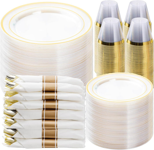 BESTVIP 700PCS Clear Gold Plastic Dinnerware Set for 100 Guests, Disposable Party Plate for Christmas and New Year, Include: 200 Plastic Plates, 100 Pre Rolled Napkins with Silverware, 100 Cups