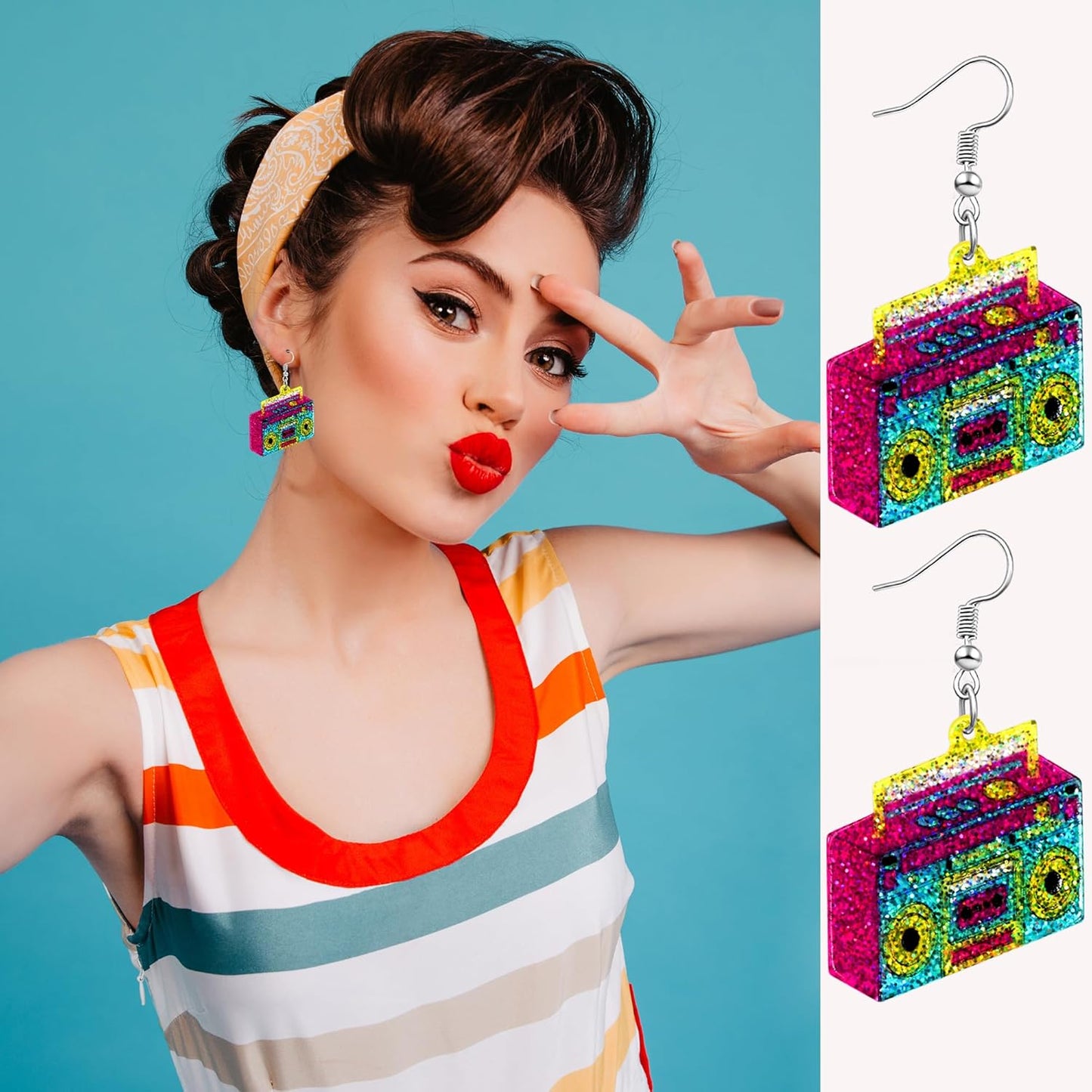 90s 80s Earrings for Women Retro Cassette Tape Earrings Acrylic Radio Tape Drop Dangle Earring for Halloween Cosplay Glow Party Music Festival Costume Accessories