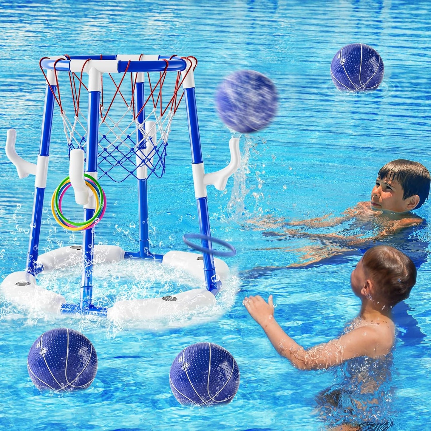 Pool Basketball Hoop Toys for Kids Ages 4-8 8-12 & Adult, Summer Outdoor Swimming Pool Games Water Play Toys Family Party for Kids, 2 in1 Pool Basketball Hoop & Ring Game with 4 Balls 12 Rings & Pump
