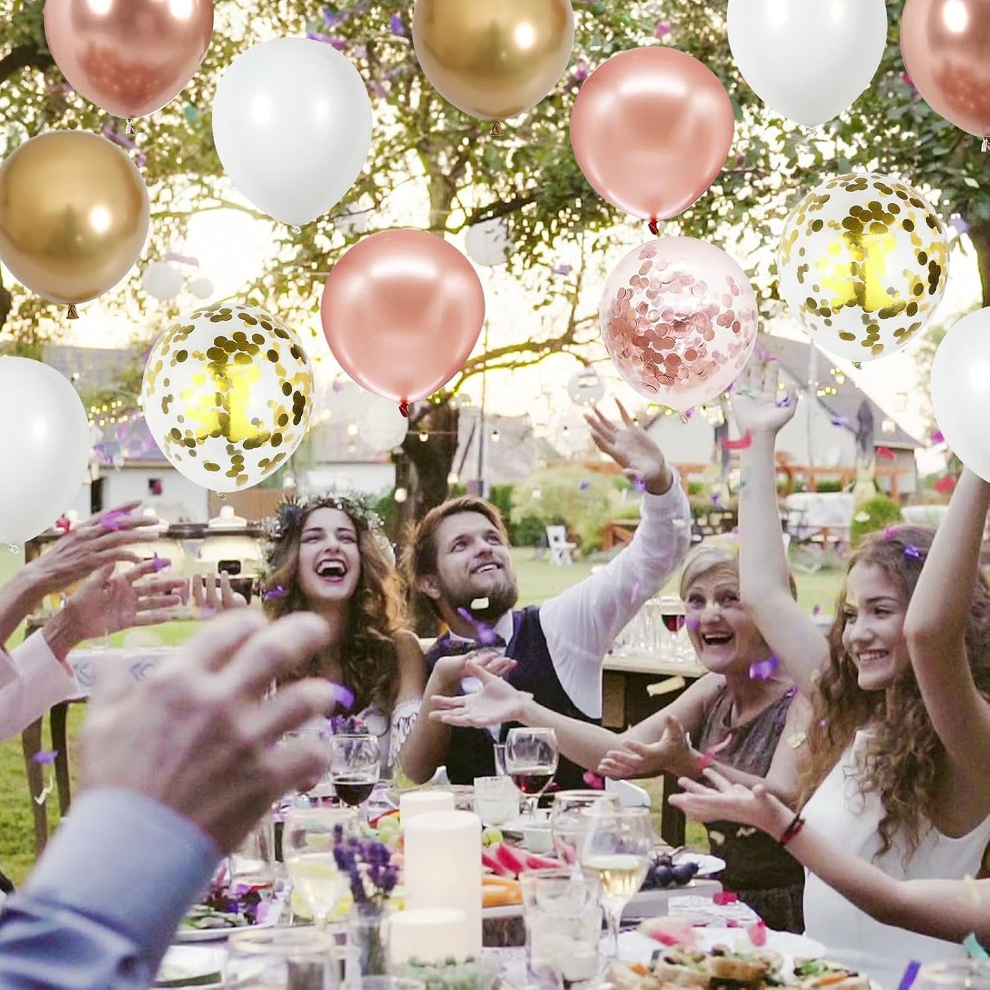 Rose Gold Confetti Balloons, 60 Packs 12 inch Metallic Rose Gold and Chrome Gold Party Balloon with Ribbon for Girls Women Birthday Wedding Anniversary Bridal Baby Shower Decoration