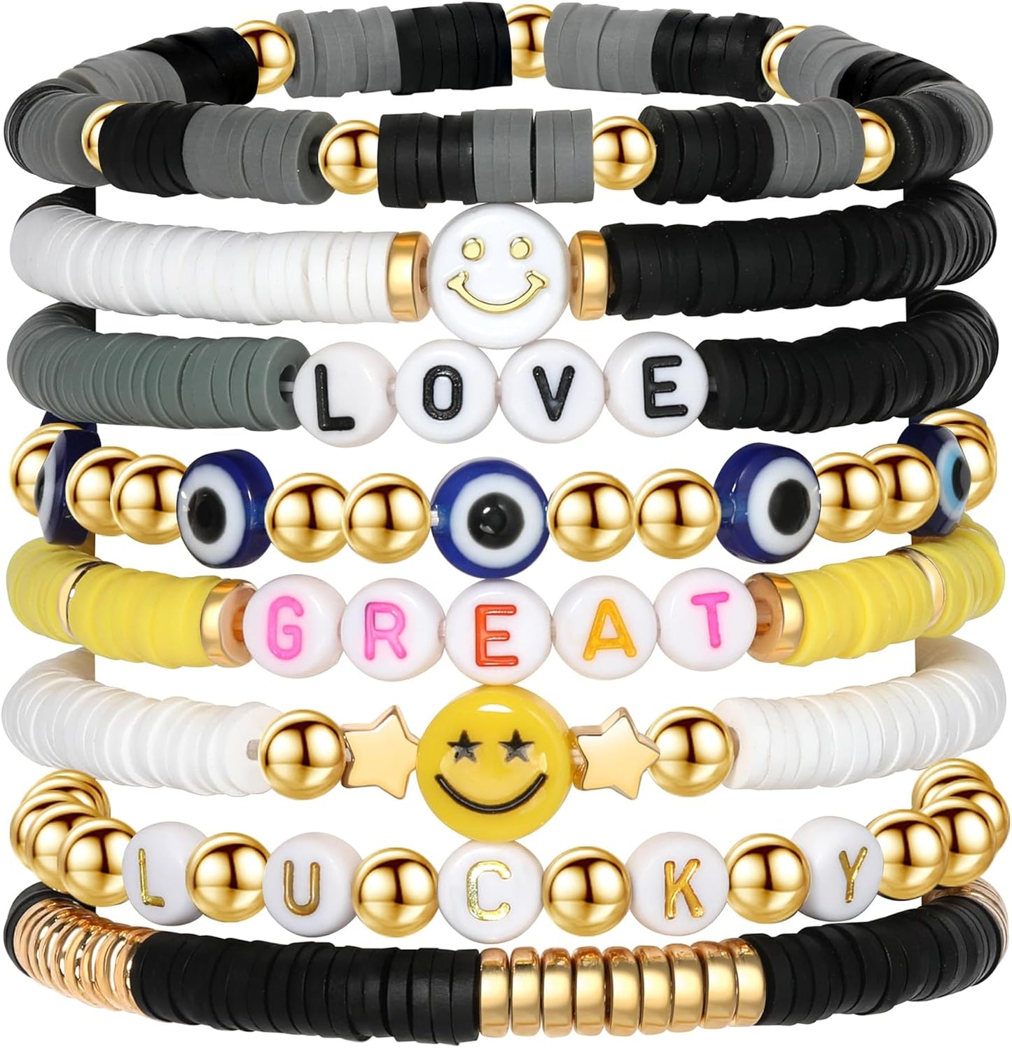 Preppy Bracelets Set Colorful White Gold Smile Heart Star Polymer Beaded Pearl Clay Stackable Charm Y2K Kidcore Aesthetic Summer Beach Bohemian Stretch Layering Bracelets Jewelry for Girls Women Teens