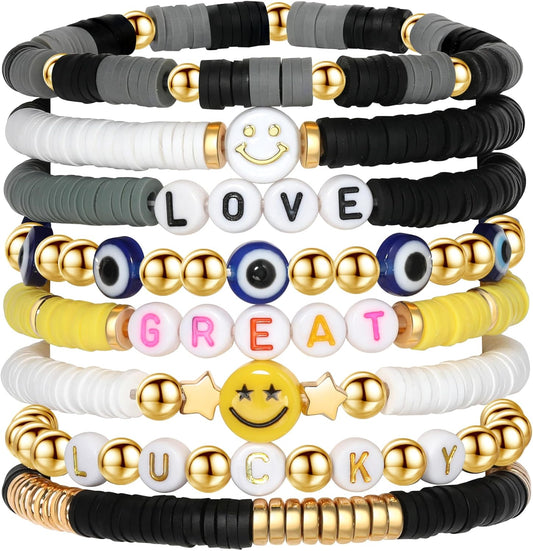 Preppy Bracelets Set Colorful White Gold Smile Heart Star Polymer Beaded Pearl Clay Stackable Charm Y2K Kidcore Aesthetic Summer Beach Bohemian Stretch Layering Bracelets Jewelry for Girls Women Teens