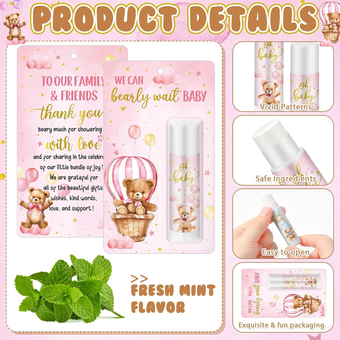 50 Pack Bear themed Baby Shower Favor Baby Shower Lip Balm Party Gifts for Guest Games Prizes Friends Gender Reveal Girls Boys Halloween Thanksgiving Christmas