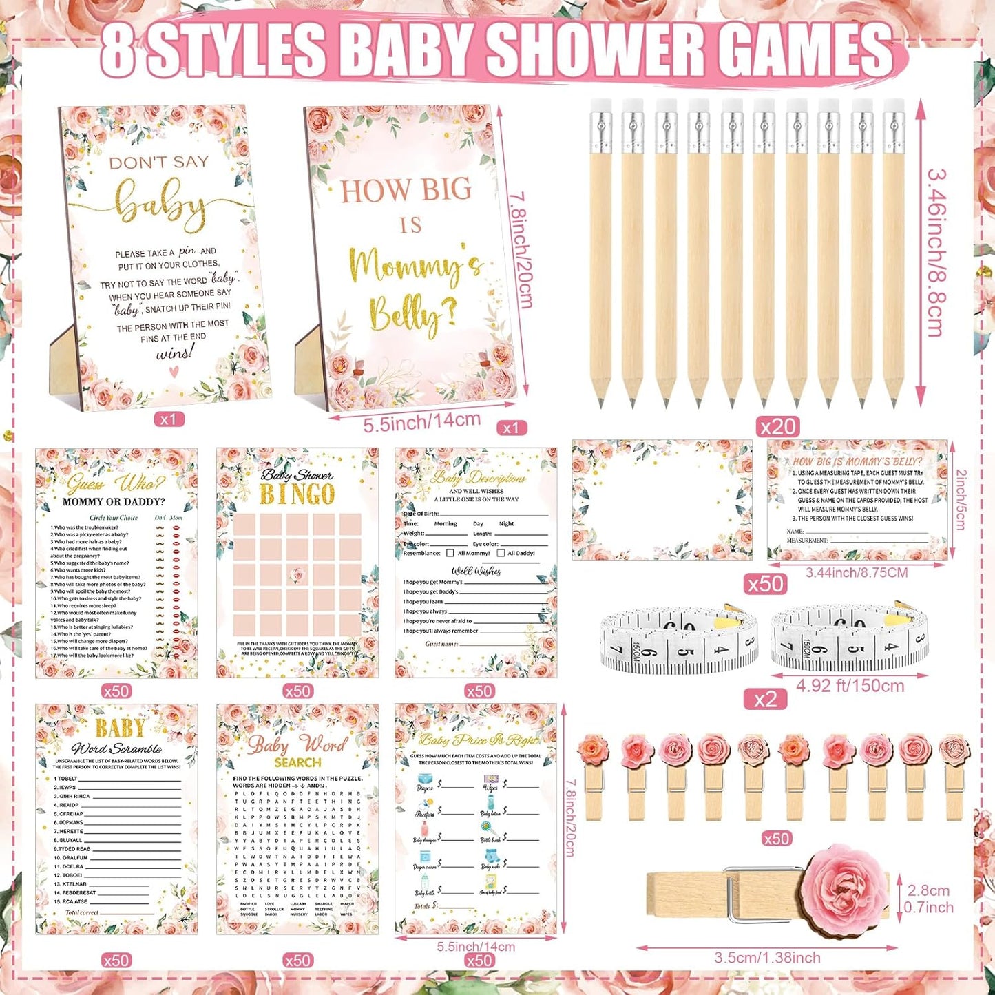 426 Pcs Floral Baby Shower Games Set-8 Games, Includes Baby Shower Bingo, Price is Right, Guess Who, Word Scramble, Prediction and Advice, How Big is Mommy's Belly, Don't Say The Words