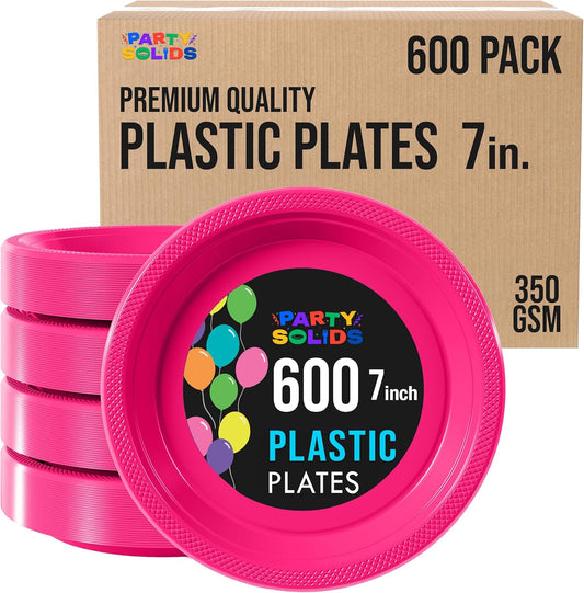 Party Solids Hot Pink Plastic Plates Bulk 7" Hot Pink Disposable Plates For Party Supplies 600 Pieces Disposable Dinner Plate Heavy Duty 350 GSM Plate Sets, Plastic Dinnerware Sets