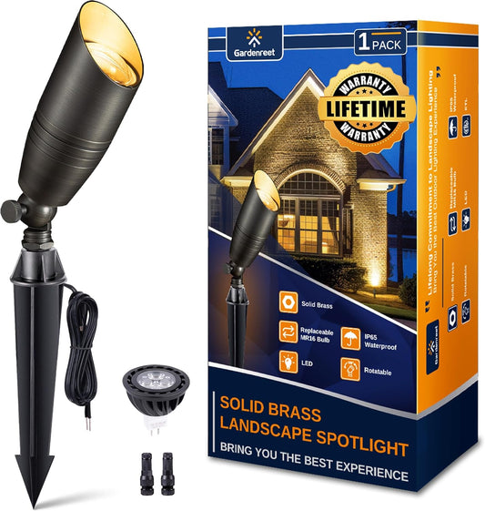 Gardenreet Landscape Spotlights Low Voltage - Brass 12V Outdoor Uplight LED, Wired Spot Lights IP65 Waterproof, Antique Bronze for Exterior Garden Yard Tree House with 5W 2700K Warm White MR16 Bulb
