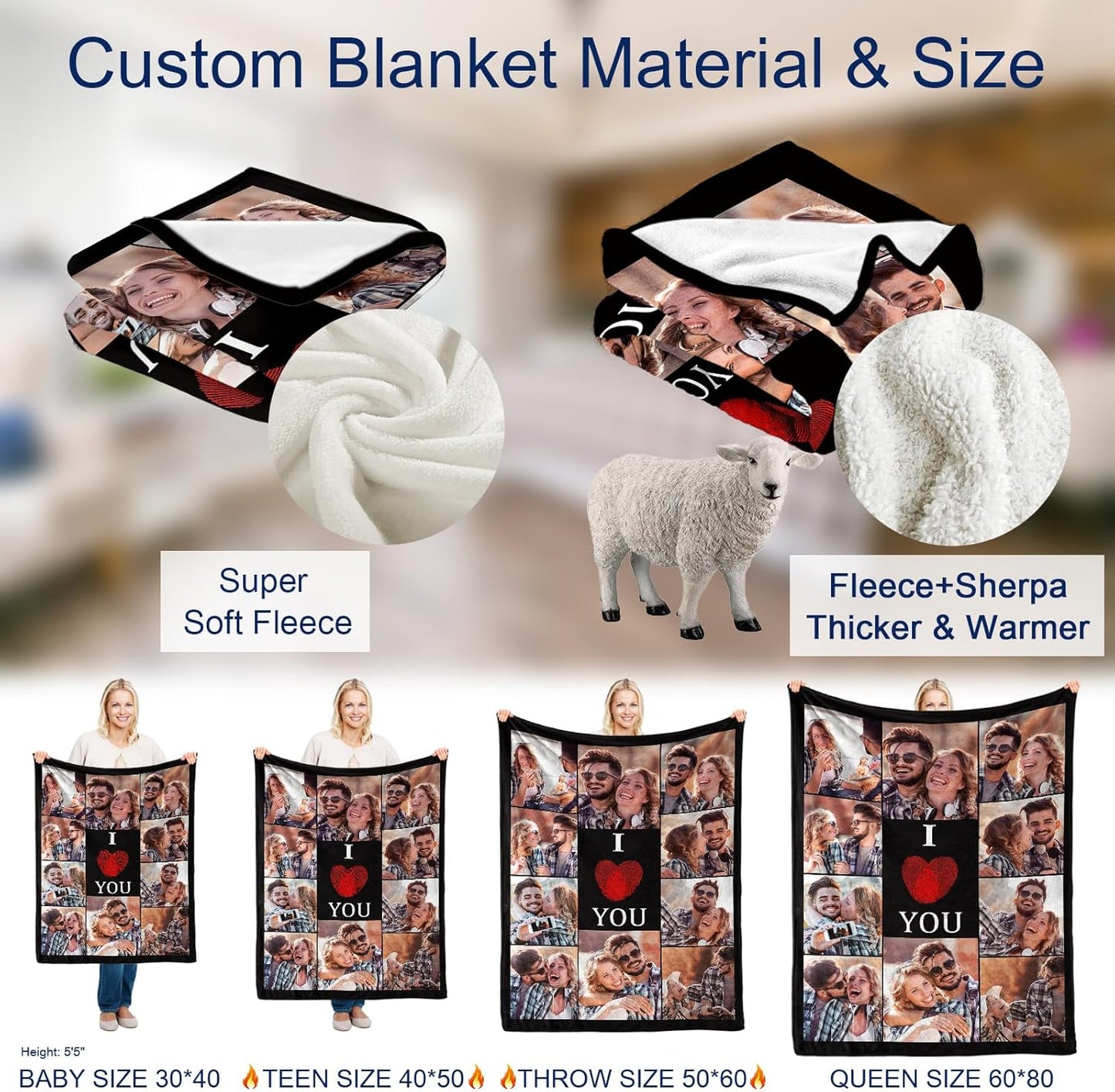 Custom Blanket with Picture, Personalized Sherpa Blanket for Adult, I Love You Wedding Gifts for Couples Girlfriend Boyfriend, Customized Throw Blanket for Adults Wife Husband-10 Photos Sherpa