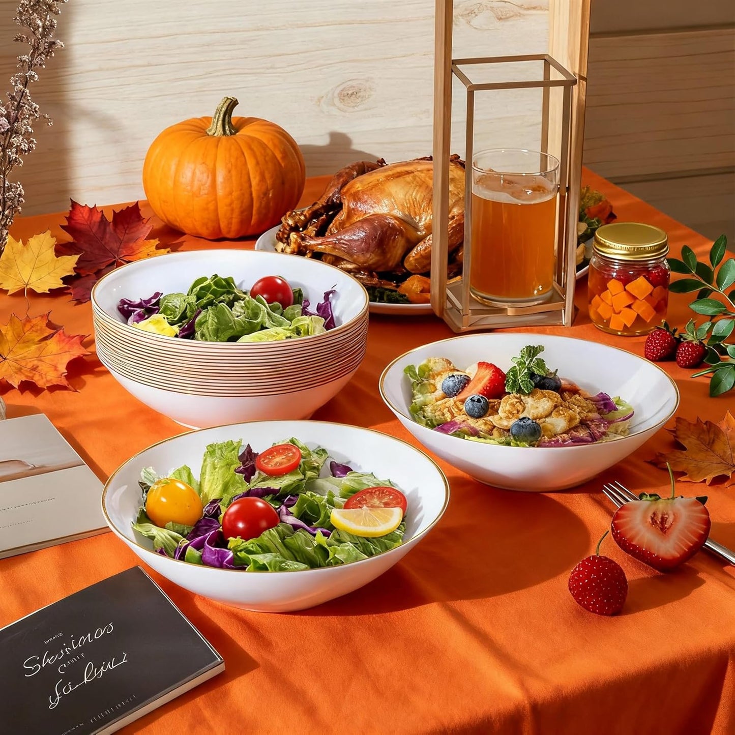 I00000 16 Oz 30 Count White Disposable Soup Bowls with Gold Rim Plastic Bowls Disposable Premium Heavyweight Elegant Plastic Salad Bowl for Thanksgiving, Parties, Weddings