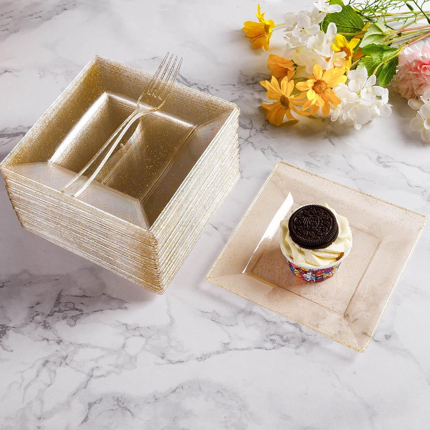 Goodluck 240PCS 6.5" Square Gold Glitter Dessert Plastic Plates with 7.4" Forks, Gold Appetizer Plates for 120 Guests, Including 120 Disposable Cake Plastic Plates and 120 Forks for Wedding/Birthday