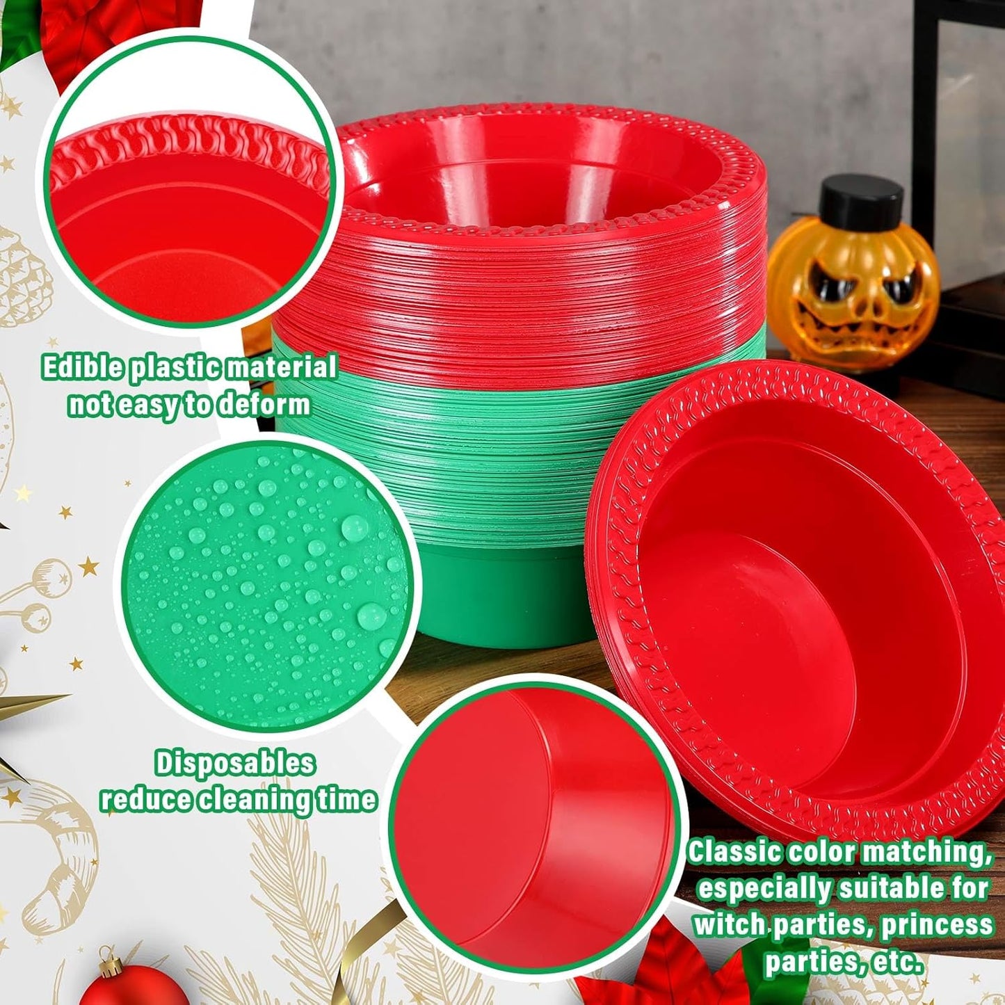 Layhit 100 Pcs Christmas Plastic Bowls 12 oz Disposable Salad Red Green Plastic Serving Xmas Party Supplies Candy Snack Bowls for Christmas Holiday Party Picnic