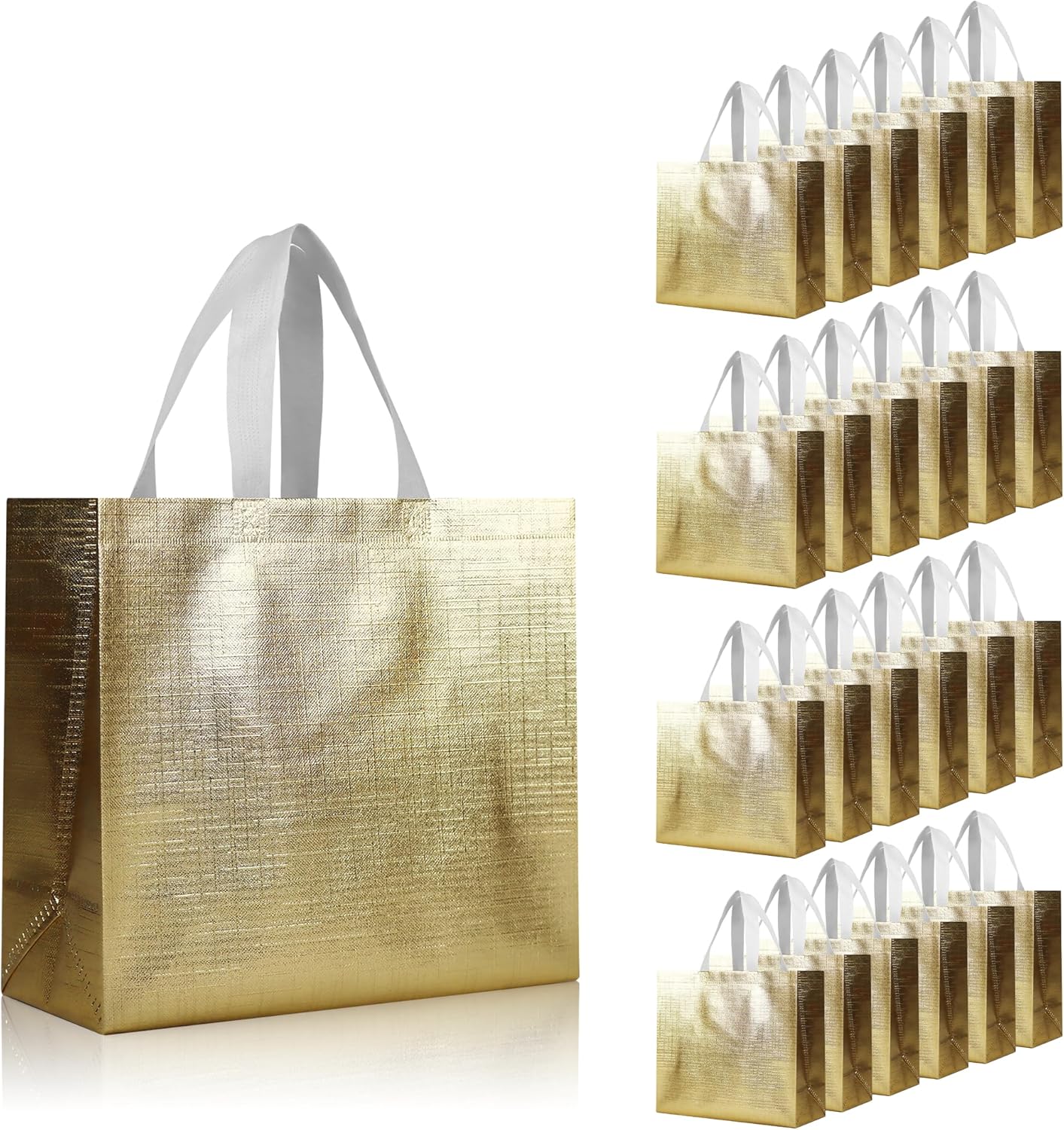 cabzymx 25 Pcs Gold Reusable Gift Bags with Metallic Design, Non-woven Gift Bag Bulk with Handles, Glossy Party Bags for Wrapping Gifts, Birthday, Wedding, Parties, Graduation-12.6x4.7x11 In