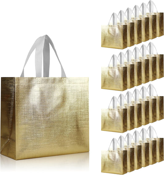 cabzymx 25 Pcs Gold Reusable Gift Bags with Metallic Design, Non-woven Gift Bag Bulk with Handles, Glossy Party Bags for Wrapping Gifts, Birthday, Wedding, Parties, Graduation-12.6x4.7x11 In