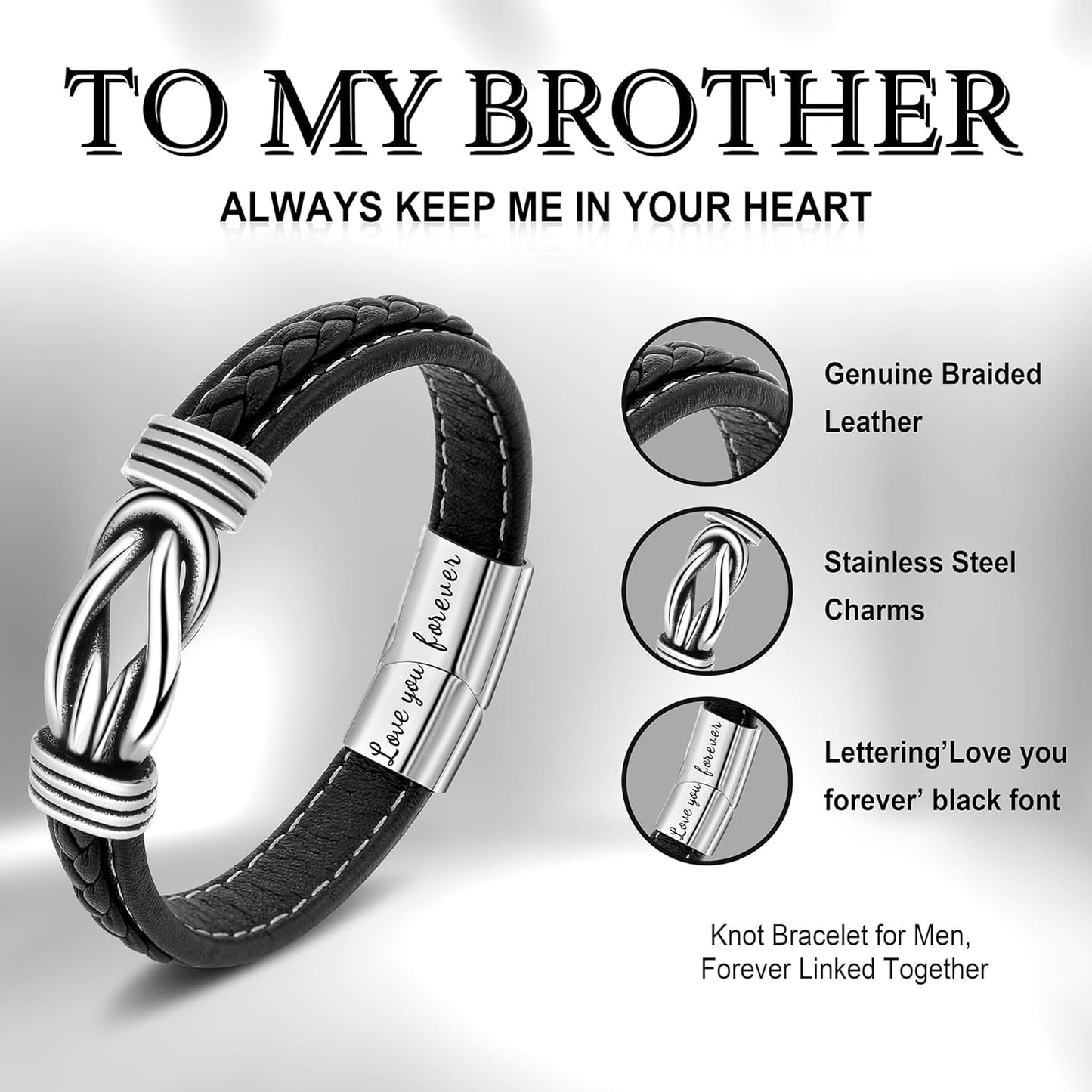 𝗞𝗻𝗼𝘁 𝗕𝗿𝗮𝗰𝗲𝗹𝗲𝘁 𝗚𝗶𝗳𝘁𝘀 𝗳𝗼𝗿 𝗠𝗲𝗻 Brown Braided Leather Stainless Steel Infinity Bracelets Lettering Love You Forever Gifts for Son Grandson Husband Boyfriend Brother Always Linked Together